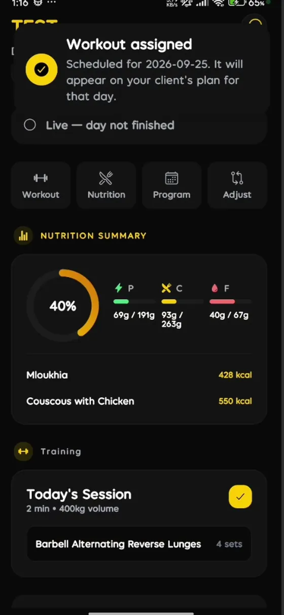 Fytrak coach view confirming that a prescribed workout has been assigned to a client's day