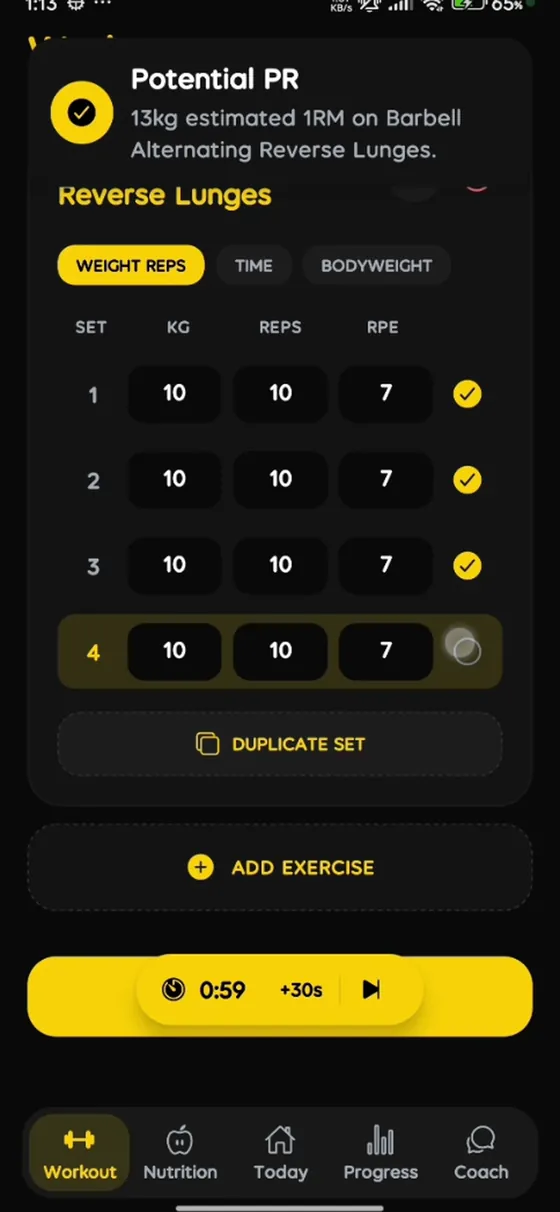 Fytrak workout logging screen with a personal-record notification derived from the logged sets